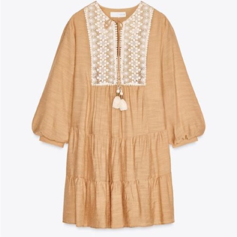 Zara Beige Tiered Dress with Embroidered Front and Tassel